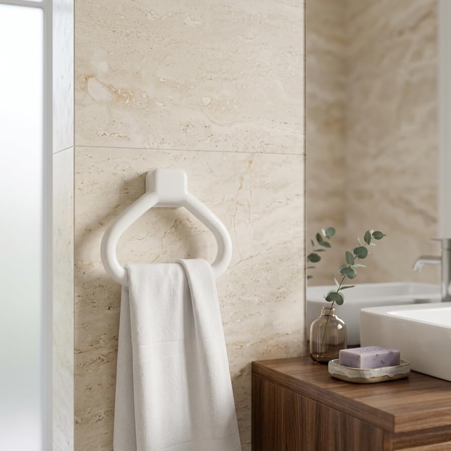 Image of CIPLA PLAST Modern Wall Mounted Towel Ring Holder | Self Adhesive Towel Ring for Bathroom | Premium Plastic Bathroom Hand Towel Hanger, Durable & Rust-Free, Easy Installation, White Finish