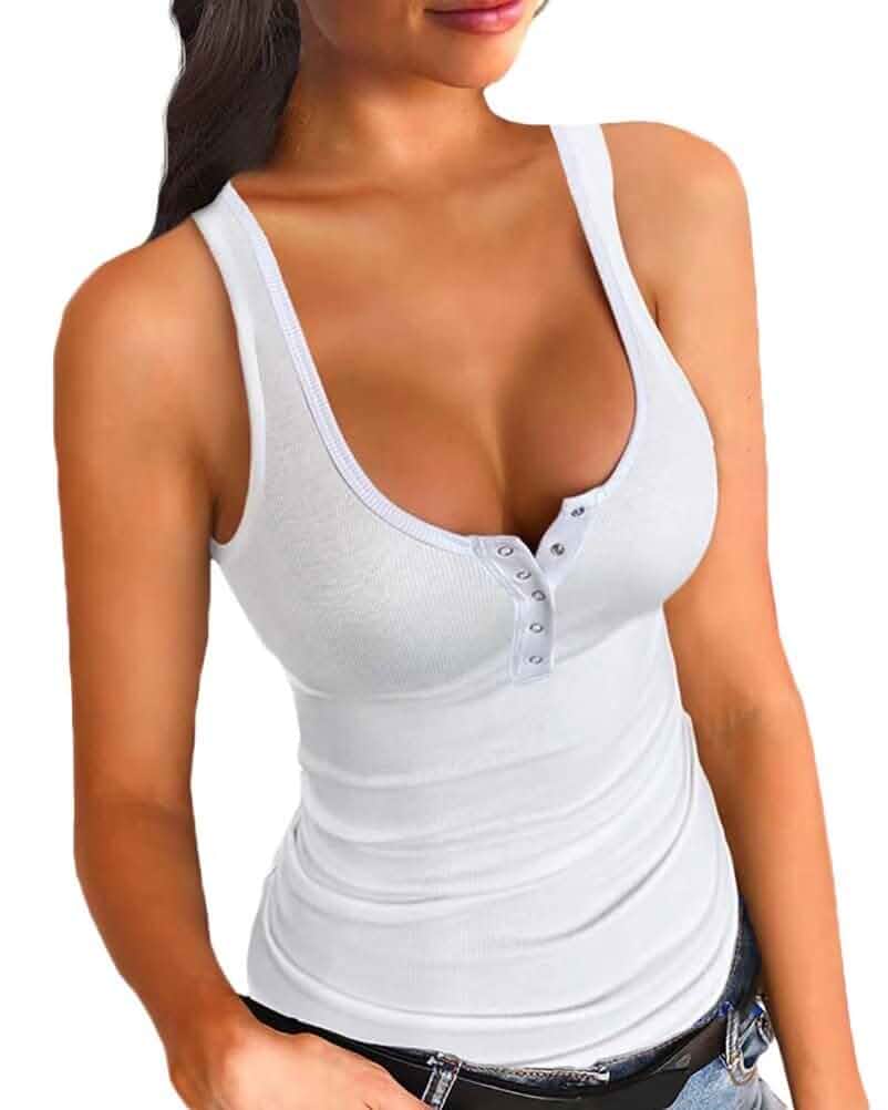 Syellowafter Womens Henley Scoop Neck Ribbed Tank Sleeveless Fitted Tops Wide Strap, Crewneck, Stretch, Cami, Slim Fit, Basics, Workout, Summer, Casual, Cute, Beach, Daily