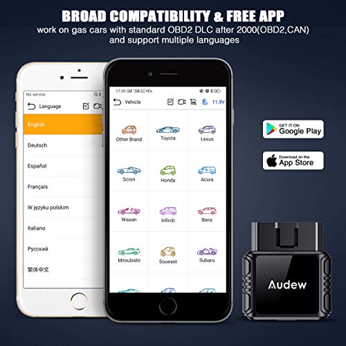 Audew OBD2 Scanner - Bluetooth4.2 OBDII Car Diagnostic Trouble Codes for iOS and Android - Universal Fit Vehicle Engine Check Tool Wireless Bluetooth OBD2 Scanner with Free App and Battery Test