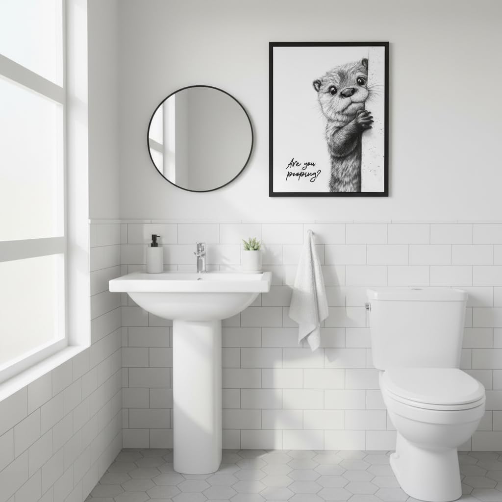 Black Framed Funny Otter Canvas Wall Art, Black White Humorous Animal Bathroom Poster Print Artwork, Are You Pooping Painting Picture Wall Decor, for Restroom, Bathroom, Toilet Home Decoration 12x16in