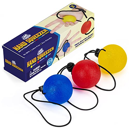 Squeeze Balls for Hand Therapy (Set of 3) – Hand Strengthener Ball on a String – Soft, Medium & Firm Exercise Balls for Rehabilitation, Arthritis, Carpal Tunnel – Stress Balls for Adults