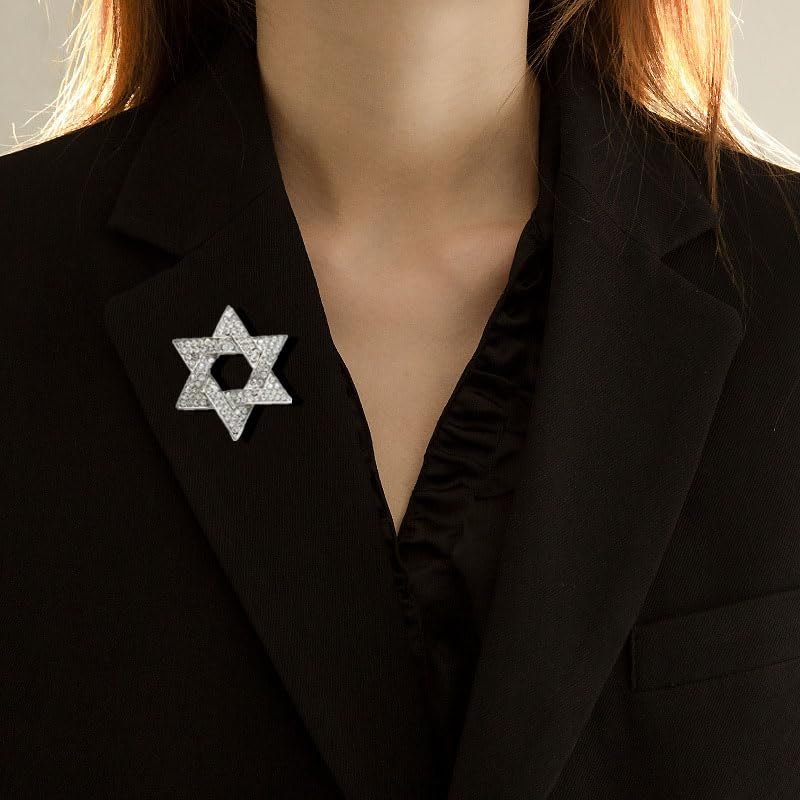 Image of Star of David Brooch Pin Full Crystal Gold /Silver Star Lapel Pin Six Pointed Star Safty Pin Women Men Clothes Decorations