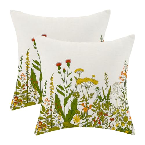 Image of AEIOAE Yellow and Green Pillow Covers 18x18 Inch Set of 2, Spring Wildflower Plant Throw Pillows Case,Seasonal Floral Outdoor Decorative Flowers Farmhouse Decor Cushion Covers for Home Sofa Bed Couch
