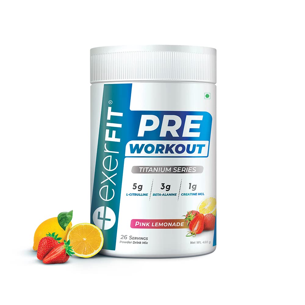 Exerfit Pre-Workout | 3 g Beta-Alanine | 5g L-Citrulline | For Sustained Energy | Pre-workout Supplement for Women & Men Muscle Builders | Pink Lemonade Flavor | 450g