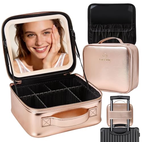 DaizySight Bolsa de Maquillaje de Viaje con Espejo de luz LED Desmontable, Organizador de cosméticos de Gran Capacidad, Estuche de Viaje para Maquillaje con Compartimento Ajustable, Color Oro Rosa