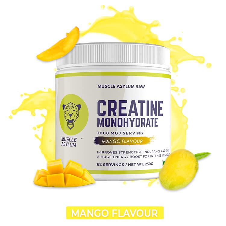 Image of Muscle Asylum Creatine Monohydrate Mango Flavour | 3000mg Creatine Per Serving | Pre Workout Supplement for Strength, Energy, Endurance & Muscle Recovery | Micronized Creatine Powder | 62 Servings | 250g