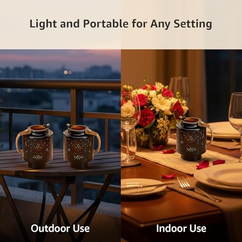Image of Amazon Brand - Solimo Tea Light Lantern - Round Mandala Design with Handle, Black Iron with Gold Interior, Set of 2 (Size: L-10 cm x W-10 cm x H-13 cm)