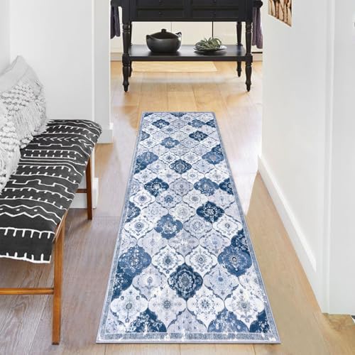 KILOCOCO 2x5 Runner Rug, Moroccan Super Soft Washable Hallway Runner Rug, Accent Print Faux Wool Kitchen Runner Rug 5 Feet Non-Slip Runners Boho Rug Runners for Laundry Room Bedroom, Blue/Grey/Multi