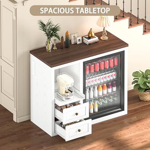 Image of 47.2 inch Coffee Bar Cabinet with Fridge Space, Farmhouse Mini Fridge Cabinet with Power Outlets and Storage Drawers, Wine Bar Cabinet with Sliding Shelf for Kitchen Dining Room, White