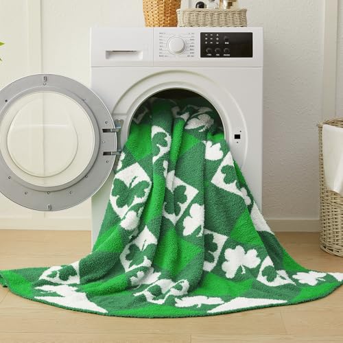Image of CYMULA St. Patrick's Day Knit Throw Blanket - Super Soft Lightweight Plush Shamrock Clover Blanket for Couch, Bed, Sofa, 60 x 80 Inches, Irish Green