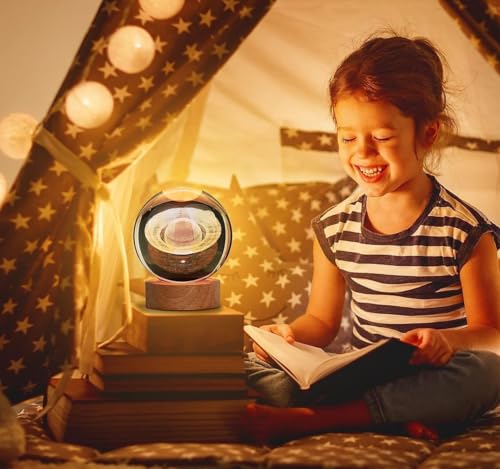 Image of STARKENDY3D Saturn Crystal Ball LED Night Lamp, Creative Engraved Night Light Wooden Base, Warm White Decorative Table Lamp for Home, Office, Bedroom, Birthday Gift