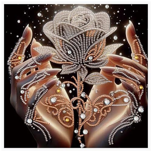 Image of AiYuanzsh 5D Special Shaped Diamond Painting Kit - The Rose in Hand Design, Unique Crystal Rhinestone Diamond Art Set for Beginners and Adults, Perfect for Home Wall Decor and Holiday Gifts
