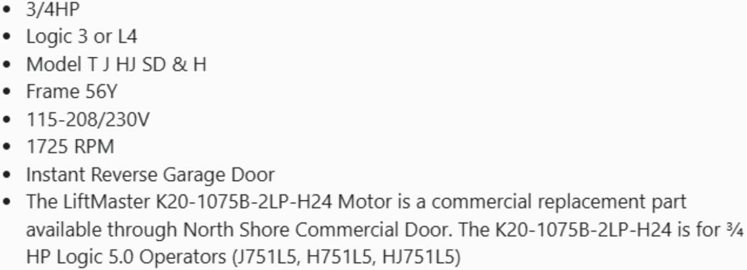 LiftMaster K20-1075B-2LP Motor Specifications