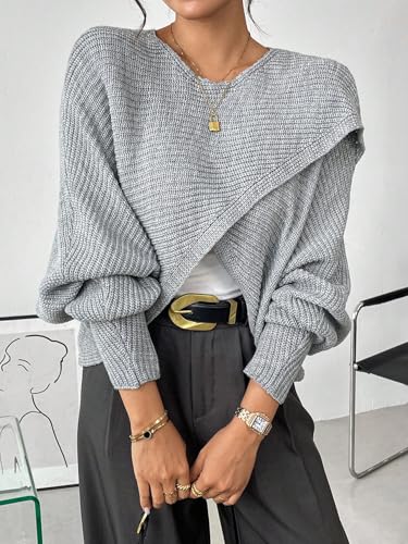 QJQ Women's 2025 Fall Long Sleeve Crewneck Cropped Sweater Lightweight Asymmetrical Wrap Tops Knit Pullover3