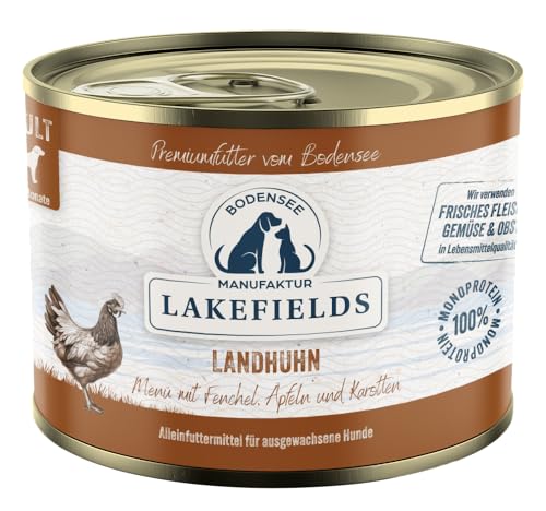Lakefields Premium Hundefutter Nass | Huhn 61% | 200g | Getreidefreies Nassfutter für Hunde | Natürliche Zutaten in Lebensmittelqualität | Karotten, Kartoffeln & Apfel | Schonend gegart
