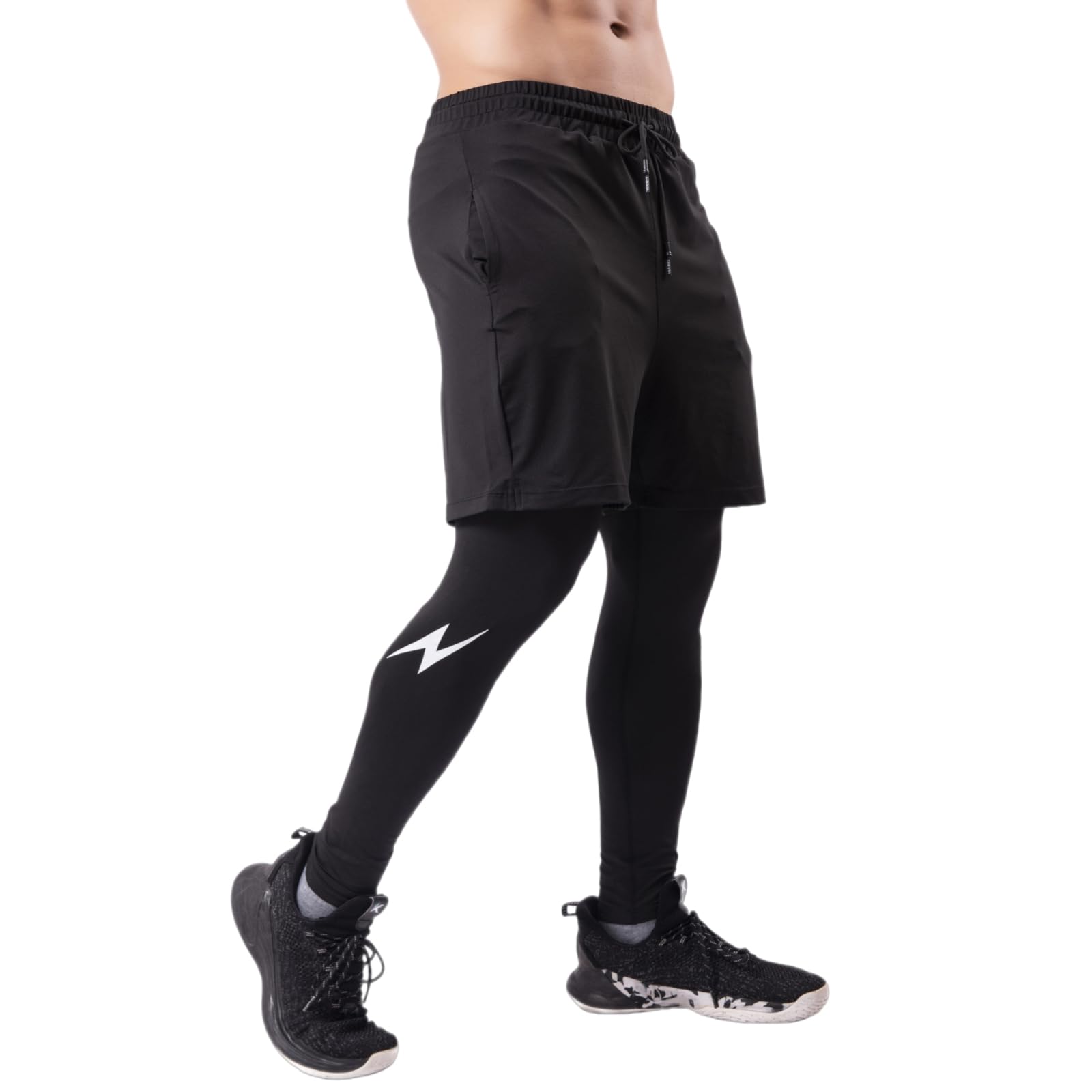 RuiChy Pantalons de Course 2 en 1 Homme Short Sport à Cordon Élastique à Séchage Rapide Pantalon de Compression au Signe Éclair, Fitness Legging Sport avec Poches pour Basketball Football
