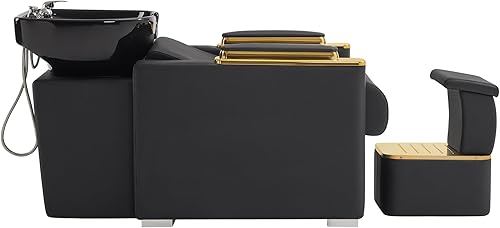 Miniatura 8 de BarberPub Silla de estación de champú de lavado a espalda con cuenco de cerámica de porcelana para lavar el cabello, rompe al vacío, silla