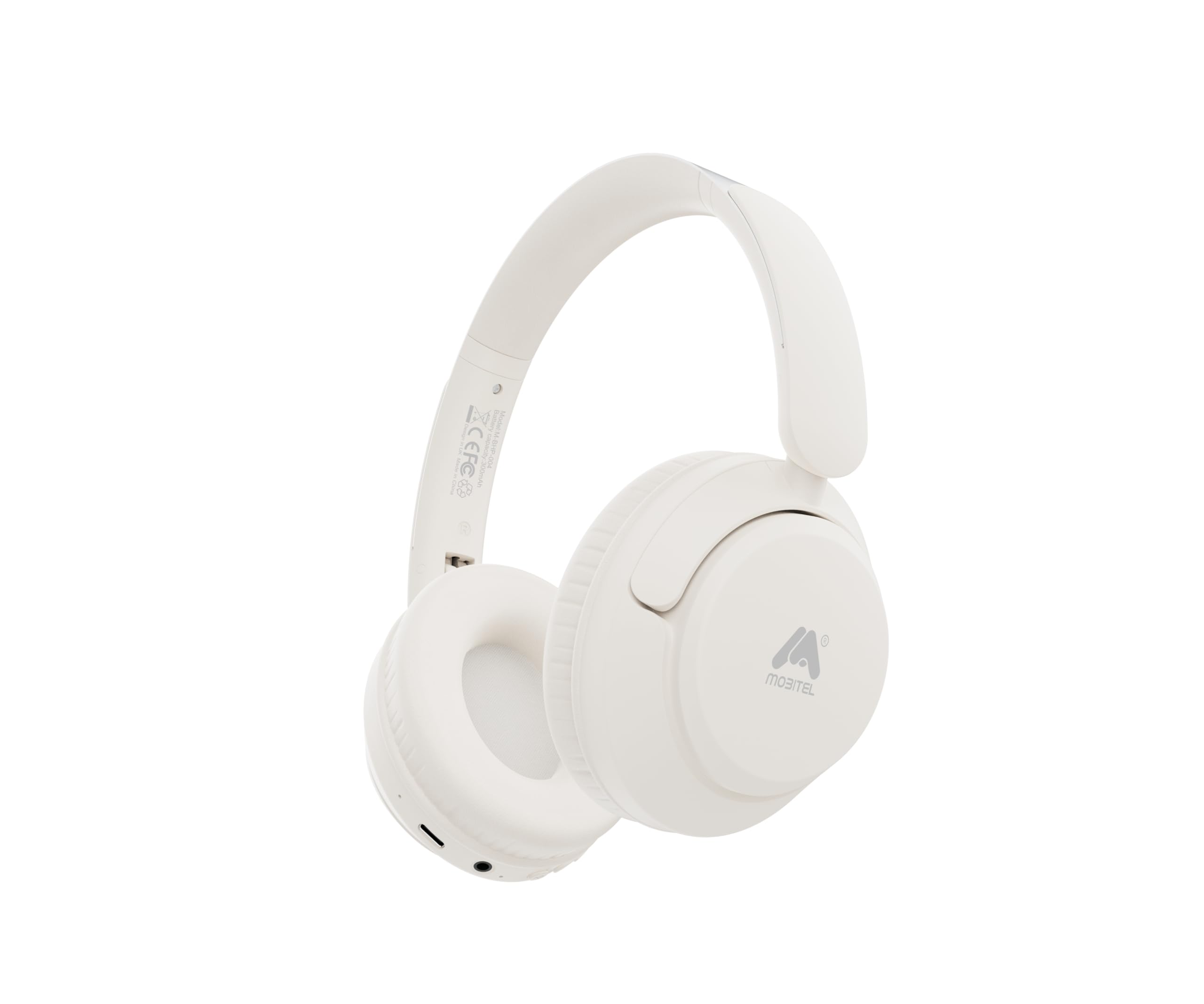 Mobitel Wave Core, cuffie over-ear wireless Bluetooth con microfono, ricarica di tipo C, AUX da 3,5 mm, modalità cablata, leggere, per iPhone, Android, laptop, PC e tablet (bianco)