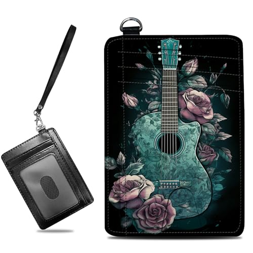 Small Travel Wallets, Guitar Slim Minimalist Front Pocket Wallet with Wristlet, RFID Blocking PU Leather Credit Card Holder with ID Window Change Purse for Men Women