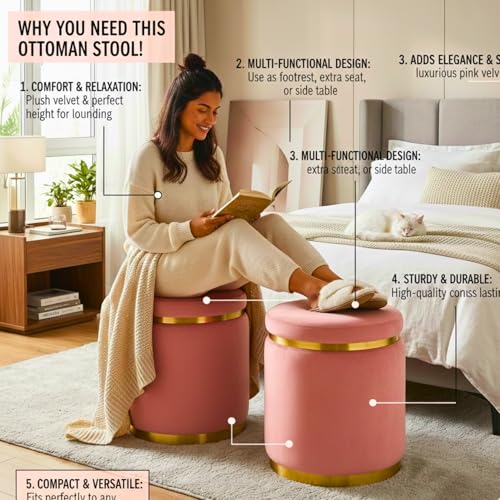 Image of Decorative Ottoman Pouffes for Sitting - Two-Piece Set of Puffy Stools and Footstools - Round Ottoman Stool for Living Room Furniture (Pink)