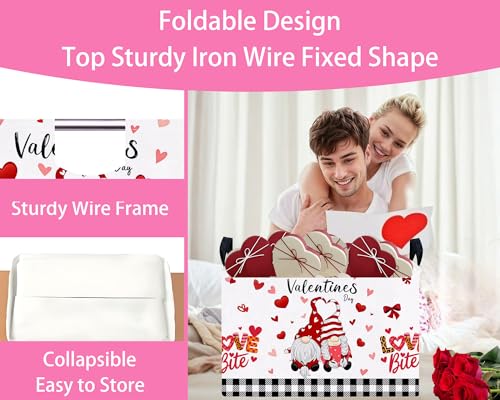 Image of Valentines Day Basket for Kids Heart Shaped Empty Storage Bins for Gifts with Handles Room Decor (Boy Girls Gnome Love)