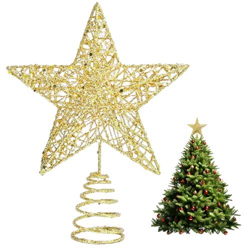 Christmas Tree Topper, Gold Glittered Star with Hollow Design, Tree Topper Star for Christmas Xmas...