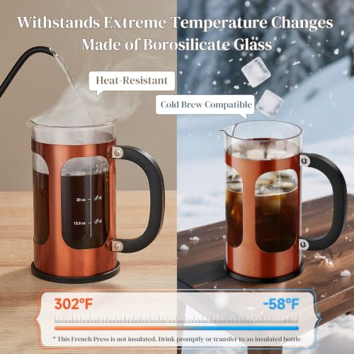 Image of Veken French Press Coffee Maker,No Plastic Touching Cafe,34oz 1L Cafetera | Heat Resistant Thickened Borosilicate Glass Stainless Steel Brewer, Cold Brew Pot for Kitchen,Travel,Camping,Tea,Gifts,Copper