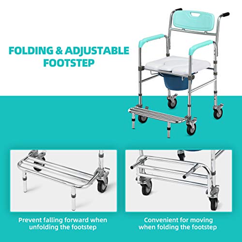 Giantex 3 In 1 Lightweight Shower Commode Wheelchair, Transport Bedside Commode With Wheels, Wheelchair Height And Pedal Adjustable, Shower Wheelchair For Elder, Disabled People (Turquoise & White) #TOP2
