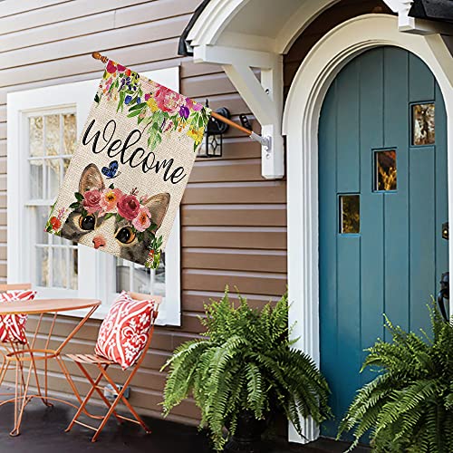 Spring Cat Welcome House Flag 28X40 Inch Burlap Flower Butterfly Yard Outdoor Decoration Df032-28 #TOP1