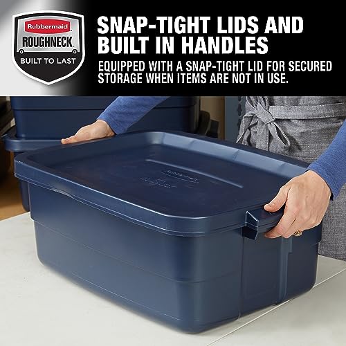 Image of Rubbermaid Roughneck Tote 10 Gal, 8 Pack, Made in USA, Dark Indigo Metallic, Rugged Plastic Stackable Storage Bins with Lids and Handles