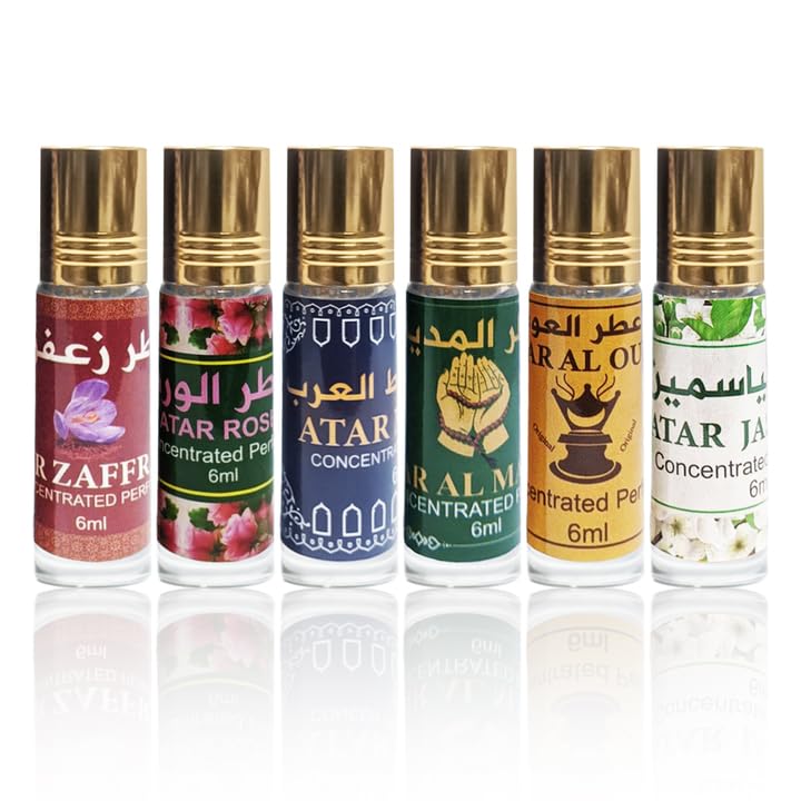 Pack of 6 Atar Arab + Atar al Madina + Atar al Oud + Atar Jasmine + Atar Zafran + Atar Rose | Concentrated Perfume Oil 6ml's | Unisex Fragrances | Long-lasting Perfume