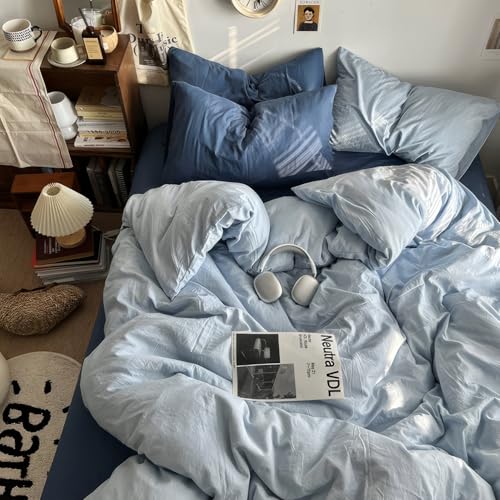 Image of mixinni 100% Washed Cotton Duvet Cover Set King Size, Solid Light Blue Ocean Themed Chic Bedding, Soft Breathable Minimalist Comforter Cover with Zipper Closure & Corner Ties-King Size