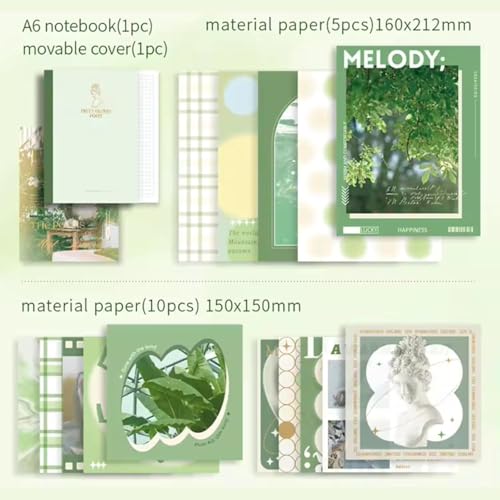 Image of VIBE VISTA Vintage Aesthetic Scrapbook Kit 346 Pcs A6 Grid Notebook Washi Envelopes Scrapbook Papers Folding Labels Background Papers Photo Frames Calendar Stickers (Poetry of Misty Island green)