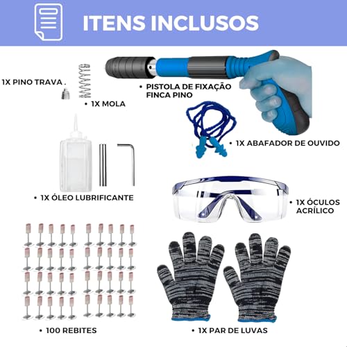 Pistola De Pino Fixação Prego Ação Direta Finca Pinos 100 Rebites + Equipamento de Segurança Profiss