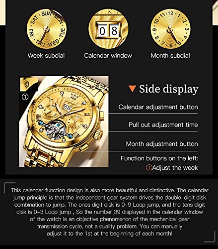 Image of OLEVS Men Automatic Watch Skeleton 5 Hands Mechanical Classic Luxury Multi Calendar Stainless Steel Waterproof Wrist Watch for Men