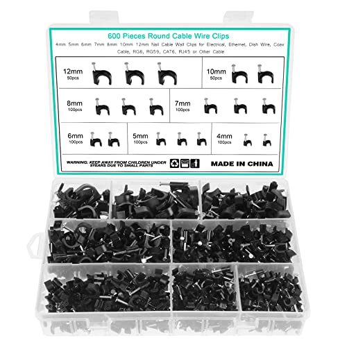 Fippy 600PCS Black Cable Clips Assortment 4mm 5mm 6mm 7mm 8mm 10mm 12mm Steel Nail Cable Clips Cable Tacks for Cable Fixing (Black)