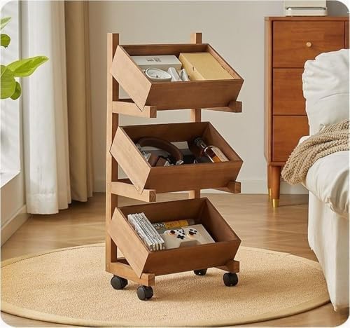 2-Tier Rolling Wood Fruit Basket for Kitchen - Multi-Purpose Storage Cart for Vegetables, Bread, Cans - Pantry Organizer Shelves (Natural Finish)