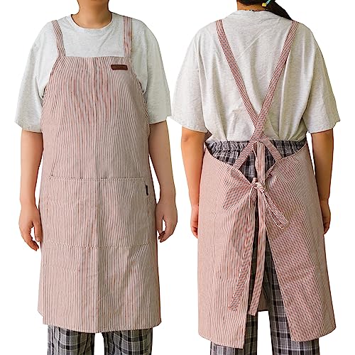 HANEE Cross-Back Apron for Men and Women, Cotton Canvas Apron with Stripes (3 Colors) (Red)