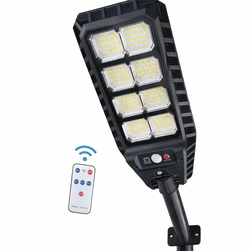 Lampioni Solari LED da Esterno con Sensore Movimento PIR, 144 LED, IP65 Impermeabile, Telecomando Wireless e 3 Modalità Luce – Illuminazione Stradale Solare per Giardino, Cortile (Set 4 Pezzi)