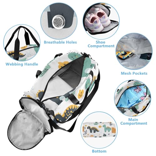Kids Sports Duffel Bag for Boys & Girls - Dinosaur Pattern Cute Cartoon 100% Polyester Gym Bag with Separate Shoe Compartment, Adjustable Shoulder Strap, Compact Travel & Workout Gear Bag4