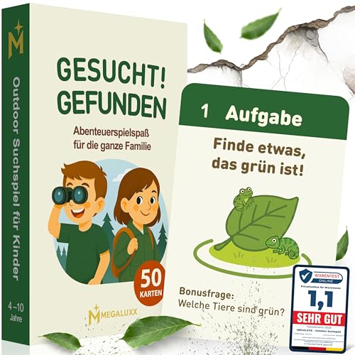 MEGALUXX – Sökt och hittad – utomhus sökspel för barn från 4–10 år | 50 kort | FSC-certifierad | utomhusspel för utomhus- och inomhusbruk | Presentidé för pojkar och flickor | natur- och rörelsespel.