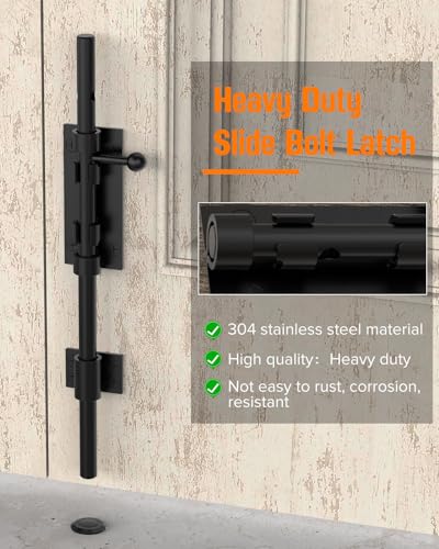 Image of 12 inch Barrel Bolt Latch, Heavy Duty Slide Bolt Gate Latch, 304 Stainless Steel Thickened Metal Gate Locks for Outdoor Fence, Shed, Wooden Gate, Barn, Patio, Courtyard (Black - 1pc)