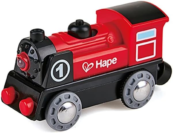 Hape Wooden Railway Battery Powered Engine No. 1 Kid's Train Set Red, White, Black, Blue, L: 3.7, W: 1.3, H: 1.9 inch