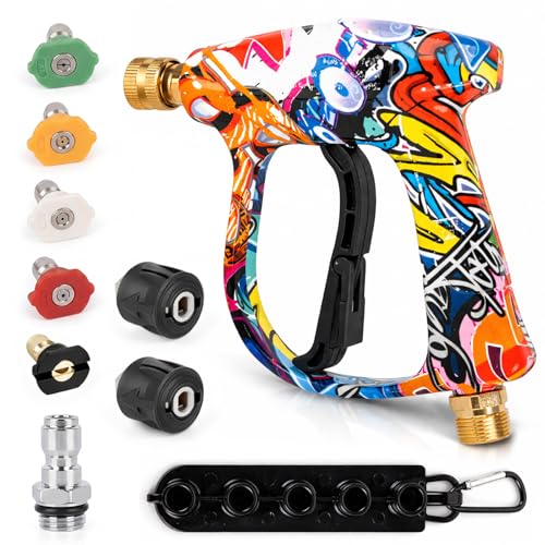 Short High Pressure Washer Gun with 5 Nozzles & 2 Hose Connectors 4000PSI Cleaner Gun Kit M22-14MM Fitting Hose Connector & 1/4 Quick for Karcher K-series Quick Connect & Release Trigger Gun
