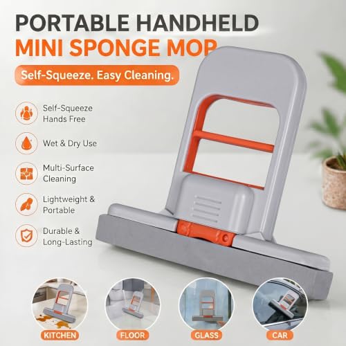 Image of Zureni Mini Sponge Mop with Self-Squeeze Flexible Multipurpose Heavy Duty Portable Handheld Durable Wet and Dry Use Cleaner for Home Kitchen Bathroom Window Desk & Car Glass Cleaning Tool (Pack of 1)