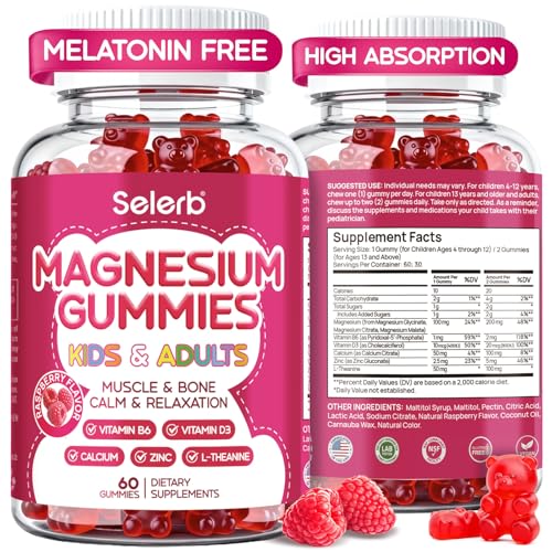 Magnesium Glycinate Gummies for Kids & Adults Melatonin Free Calm Magnesium Gummies with Citrate Malate B6 D3 Calcium & L-Theanine for Sleep Relaxation Bone & Muscle Magnesium for Kids 60 Counts