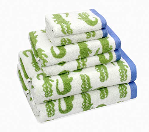Image of ORIGINAL KIDS 6 Piece Towel Set - Bath Time in A While Crocodile- 2 Bath Towels, 2 Hand Towels, 2 Washcloths - 100% Cotton Jacquard Soft Absorbent Pool Beach Towel Gift - Green Blue