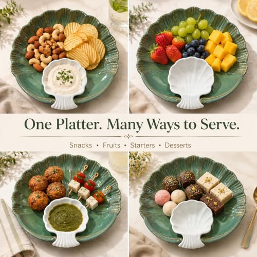 Image of The Earth Store Green Sea Shell Ceramic Platter - Microwave & Dishwasher Safe Serving Platter Ceramic | Platter Plates for Serving Snacks, Appetizers & Desserts for Home, Cafes & Restaurants