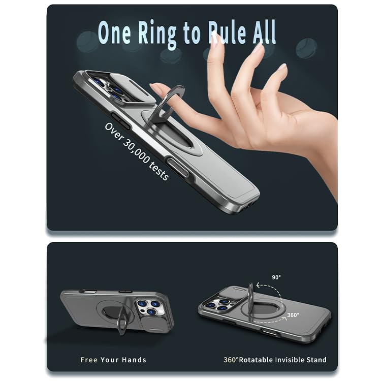 Image of LuxuryKase MagSafe Shockproof Rugged Back Case for iPhone 16 Pro | Finger Ring Kickstand & Sliding Camera Cover | Military Drop Protection | Wireless Charging Support - Grey