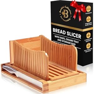 Bambüsi Bread Slicer for Homemade Bread – Bamboo Bread Cutter with Knife, Foldable Slicing Guide, Crumb Tray – Compact Bread Loaf Slicer for Cakes, Bagels, Loaves – Kitchen Gadget & Gifts